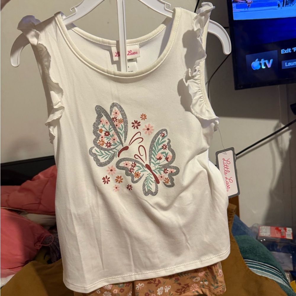 Little Lass White and Tan Butterfly Tank Top and Ruffled Shorts